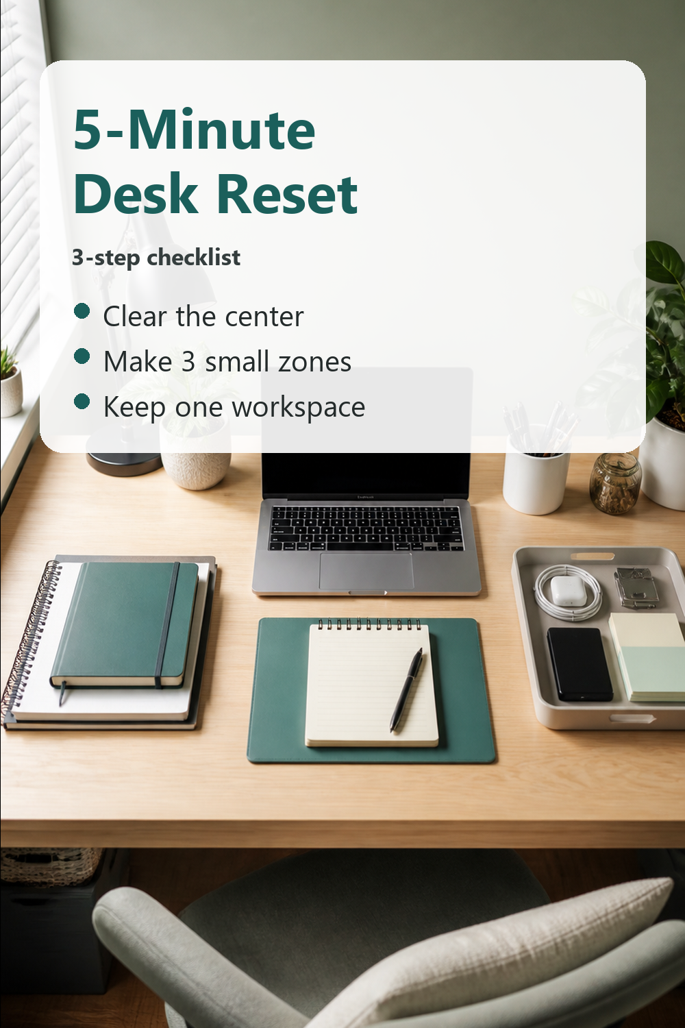 A five-minute desk reset checklist with a realistic home office desk background