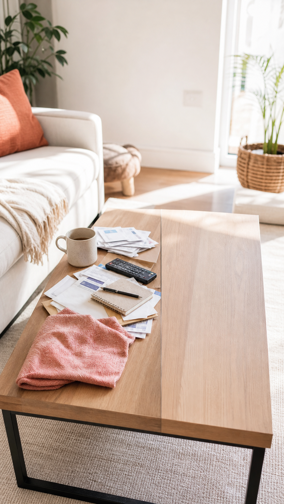 A coffee table half cleared during a simple home reset