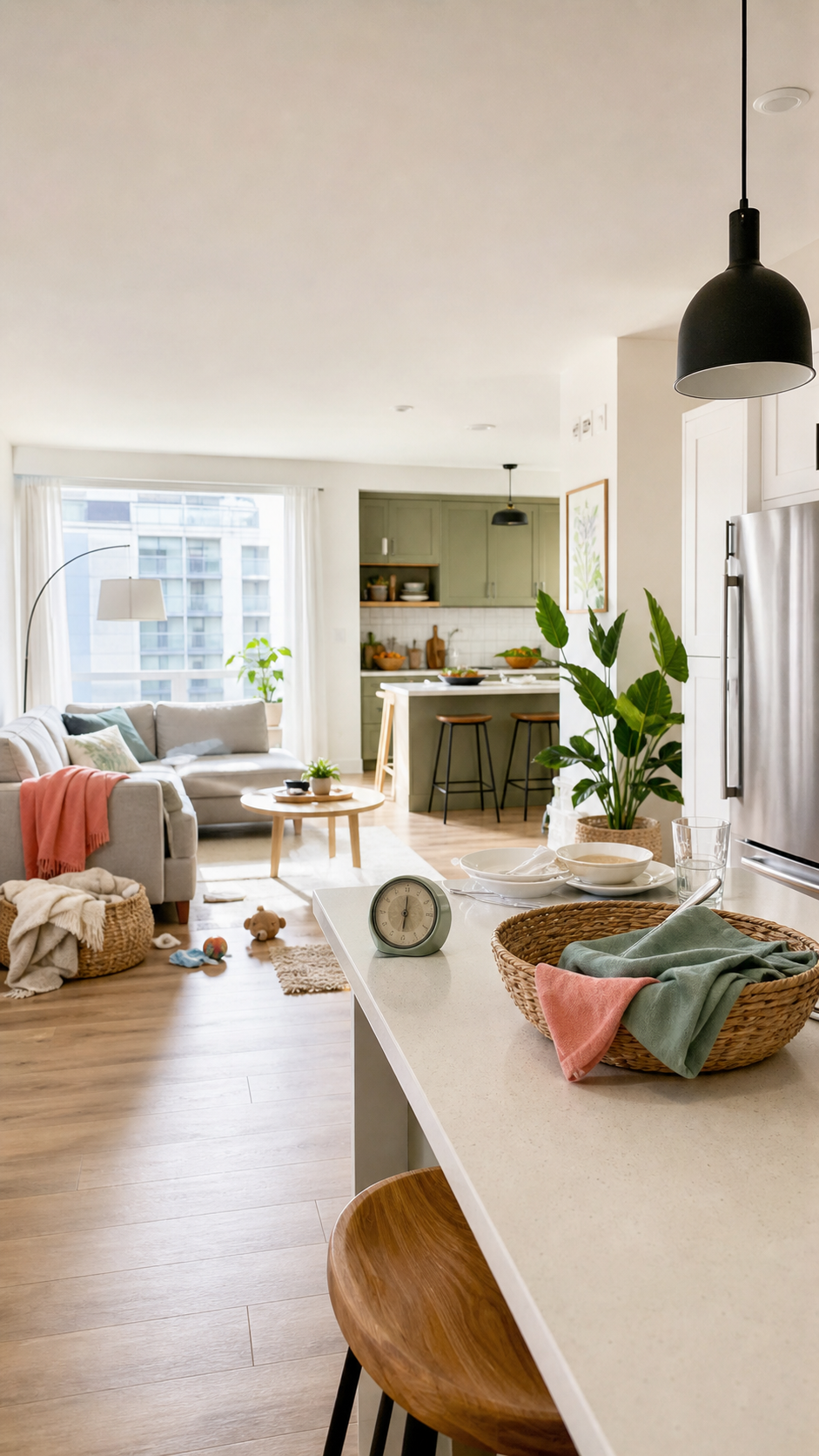 A realistic living room and kitchen ready for a short home reset