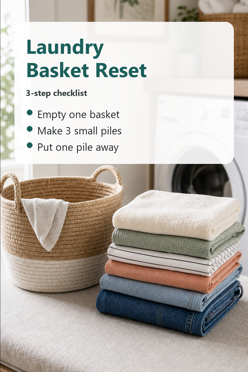 A laundry basket reset checklist with a realistic laundry room background