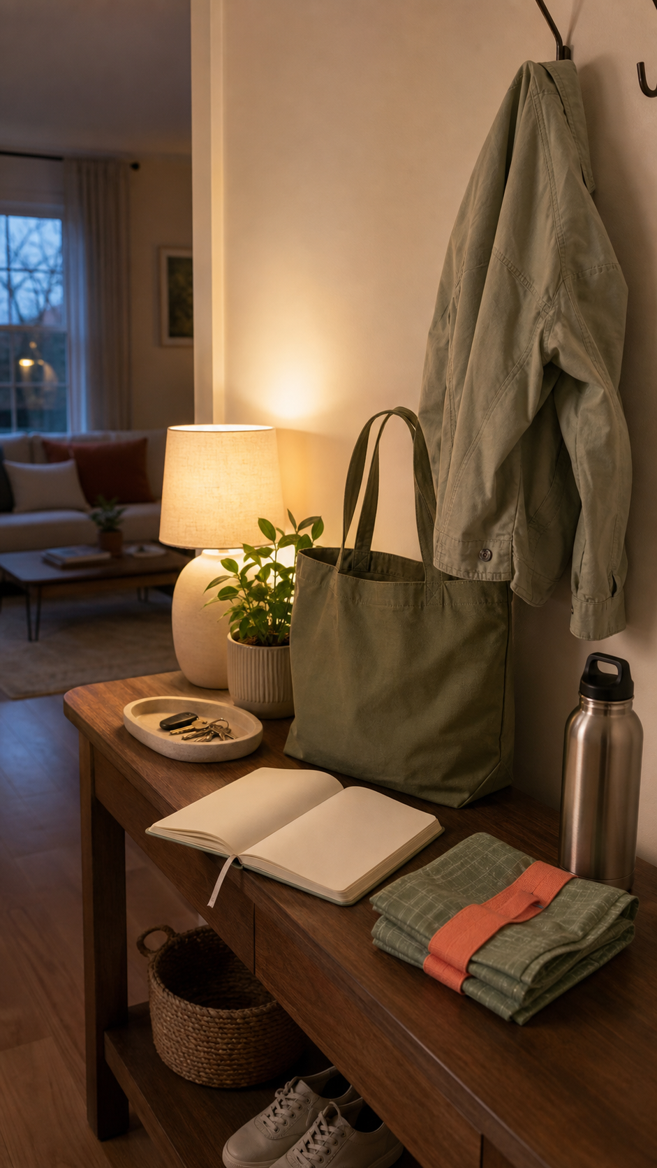 An entryway table prepared with keys, bag, notebook, and water bottle