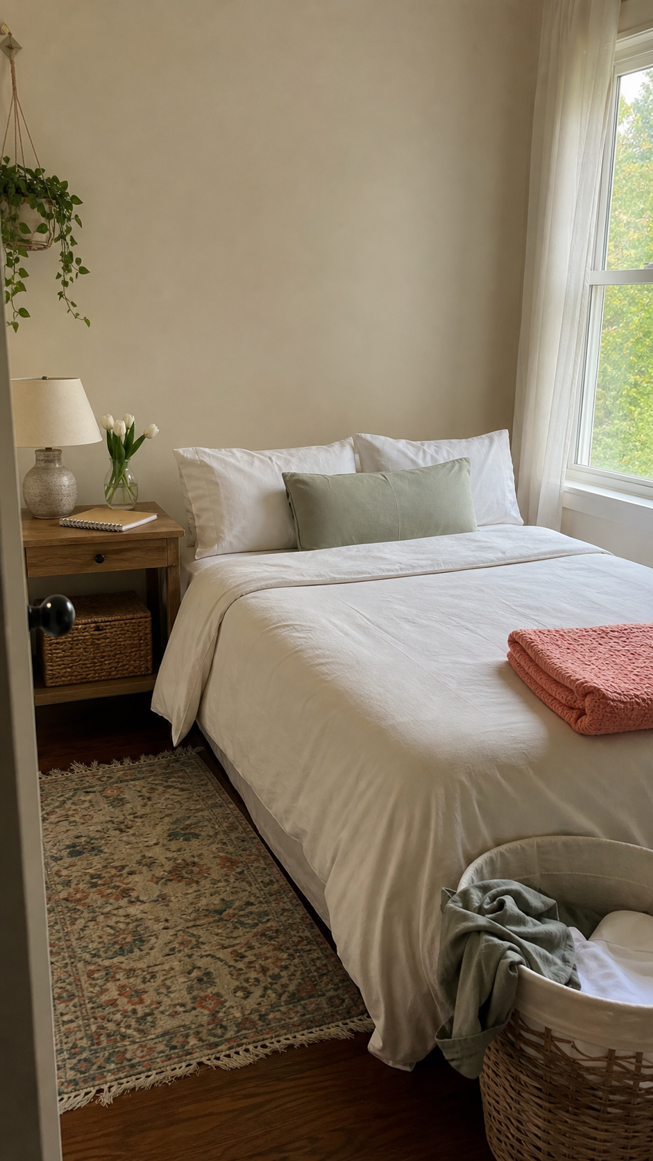 A calm bedroom reset with a made bed and laundry basket
